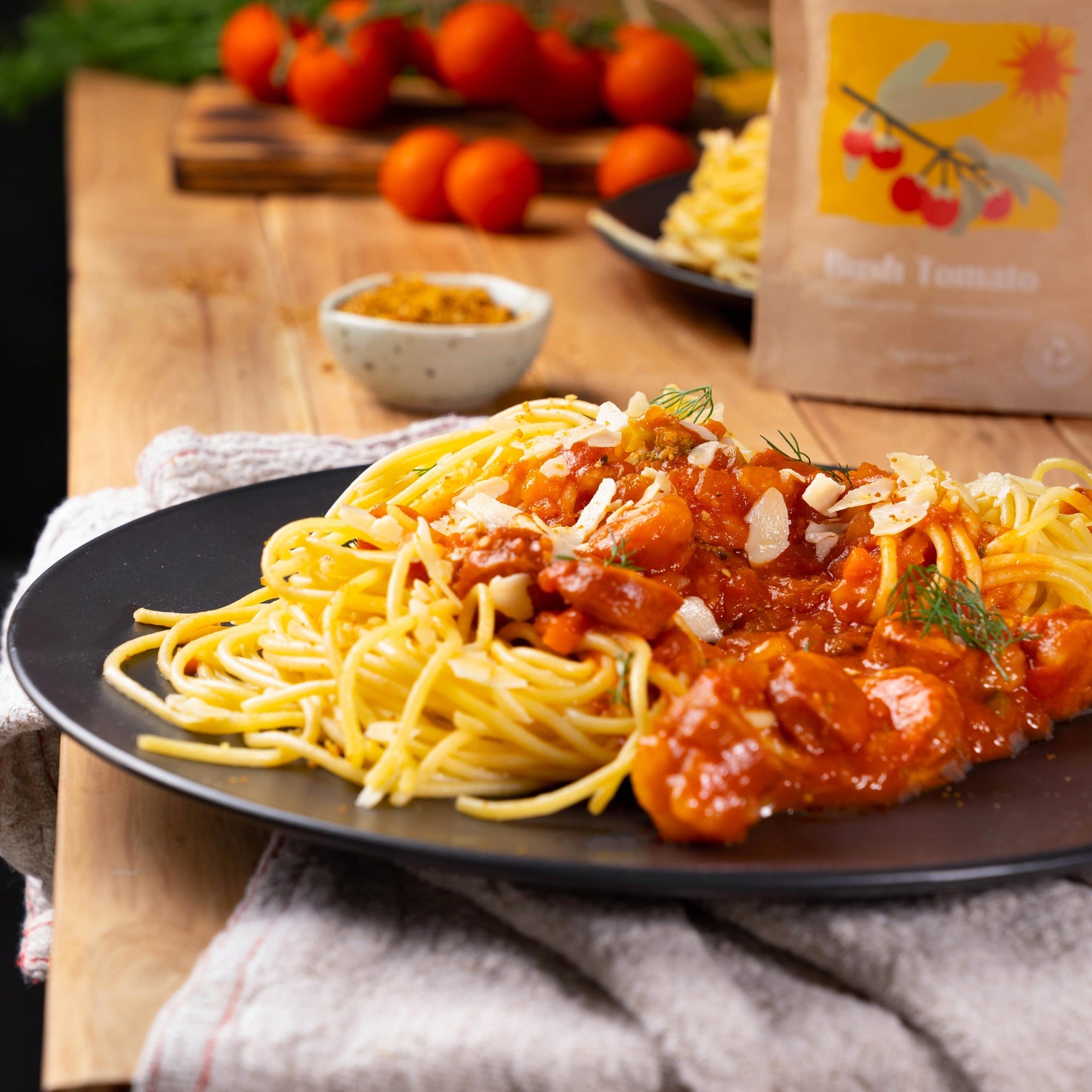 Spaghetti Bolognese with Chorizo sausage with Bush Tomatoes