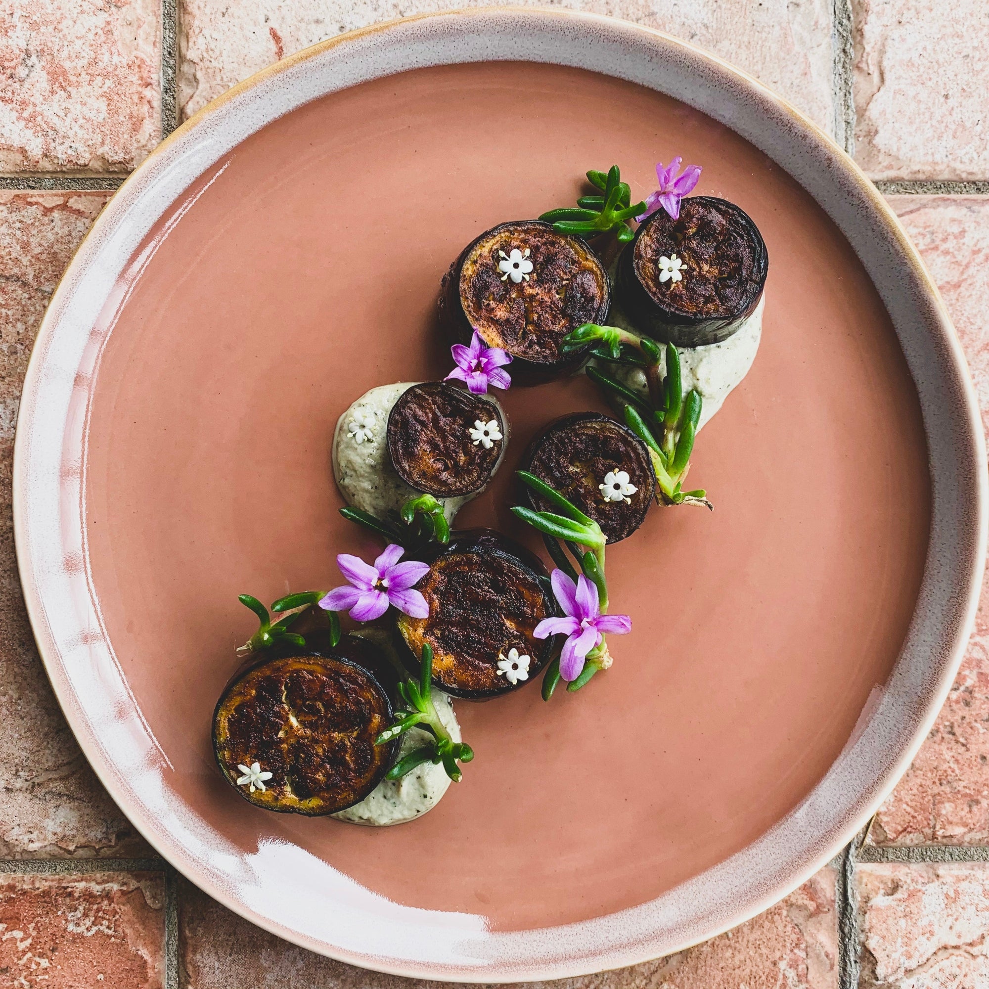 Eggplant Karkalla Recipe with Mountain Pepperleaf and Society Garlic Flowers